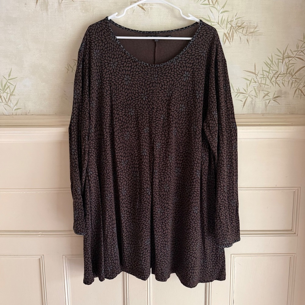 Gudrun Sjoden Tunic Brown Floral Lyocell Cotton Long Sleeve Scoop Lagenlook XXL